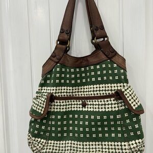 Lucky Brand Green Floral Canvas Shoulder Bag with Brown Trim